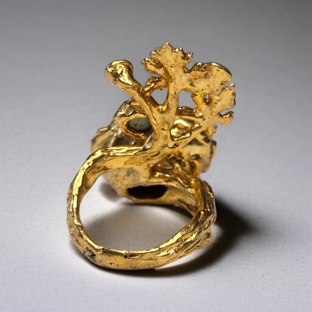 24k Gold Plated Artisan Turquoise Leaf Twig Free Form Massive Statement Ring - Picture 4 of 7